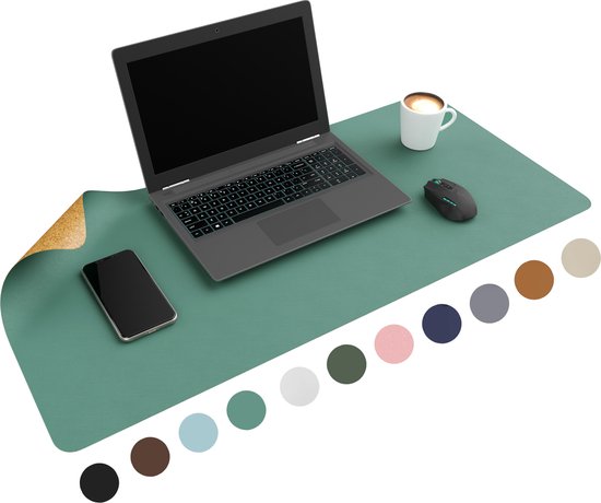 Sous-main professionnel WURK en cuir artificiel - Organiseur de bureau - Clip de câble inclus - Liège turquoise - 80x40