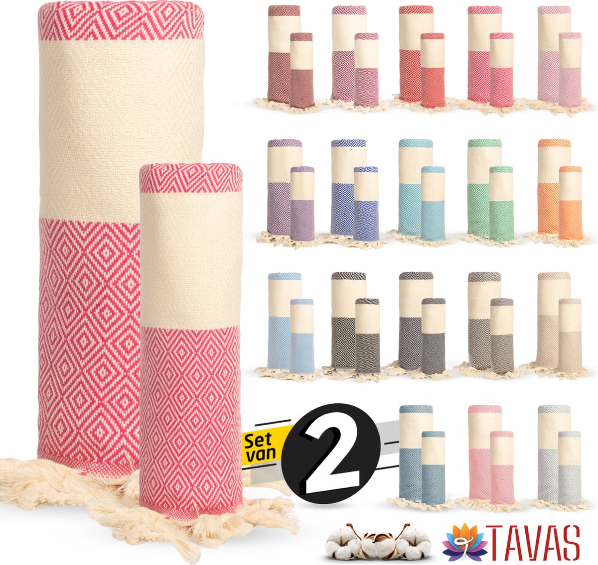 Rome Set van 2 | Hamamdoek 100x180 cm en Handdoek 50x90 cm 100% Katoen Spa Backpack Sauna Strandlaken Fuchsia