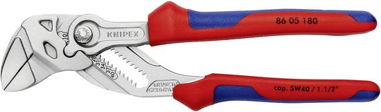 Knipex 86 05 180 grijptang met rode en blauwe handvatten, op witte achtergrond.