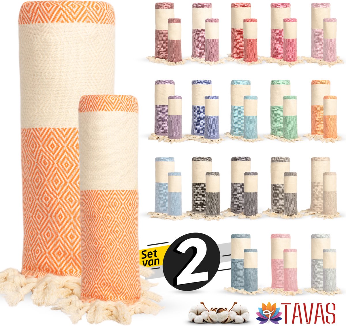 Rome Set van 2 | Hamamdoek 100x180 cm en Handdoek 50x90 cm 100% Katoen Spa Backpack Sauna Strandlaken Oranje