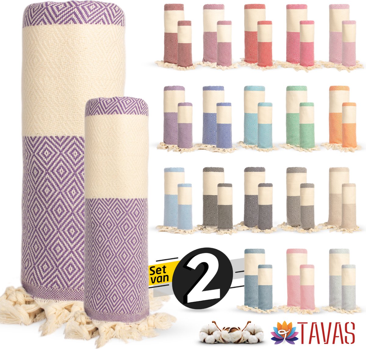 Rome Set van 2 | Hamamdoek 100x180 cm en Handdoek 50x90 cm 100% Katoen Spa Backpack Sauna Strandlaken Lila