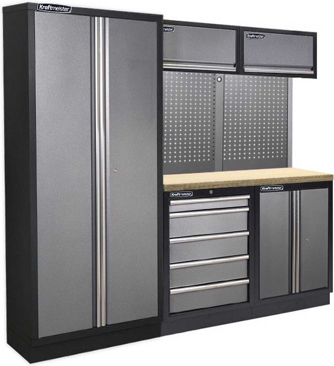 Kraftmeister werkplaatsinrichting - Werkbank met 2 wandkasten, 1 werkplaatskast, 1 opbergkast en multiplex werkblad - Werktafel met 5 laden en gereedschapswand - Complete set voor werkplaats of garage - Grijs