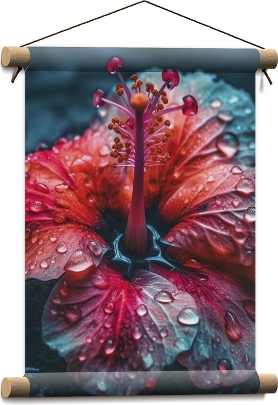 Textielposter - Waterdruppels op Rode Bloem - 30x40 cm Foto op Textiel