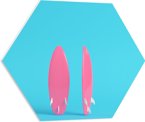 PVC Schuimplaat Hexagon - Twee Roze Surfboads tegen Felblauwe Achtergrond - 60x52.2 cm Foto op Hexagon (Met Ophangsysteem)