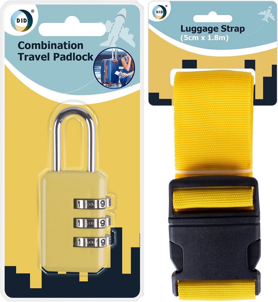 Bagageslot/cijferslot en kofferriem set voor reistassen en koffers - geel - veilig op reis - DID