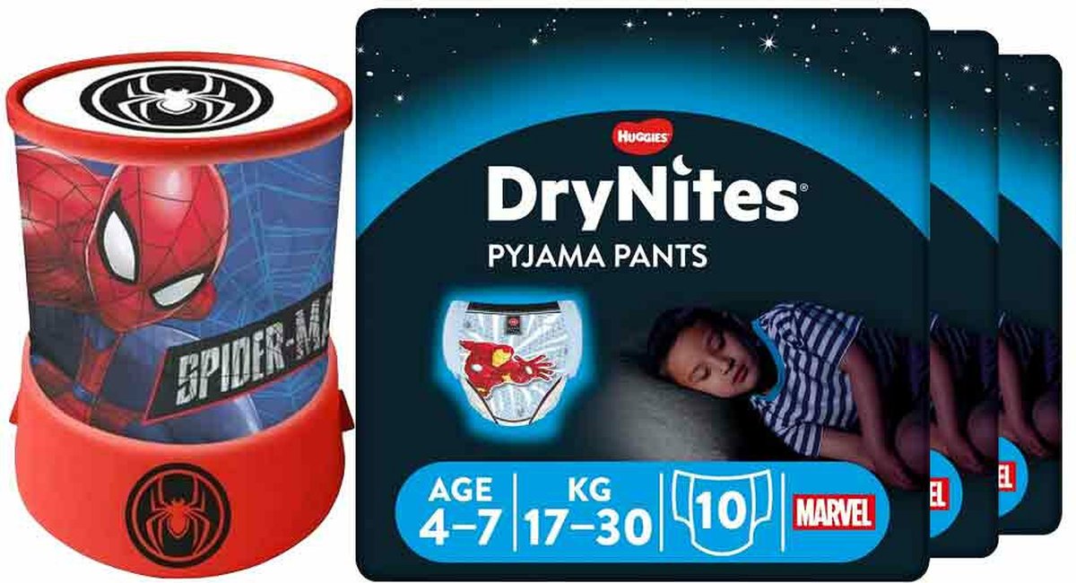 Goedkoopste DryNites Luierbroekjes Boy 4-7 jaar Voordeelbox Spiderman Led Projector Lamp Pakket
