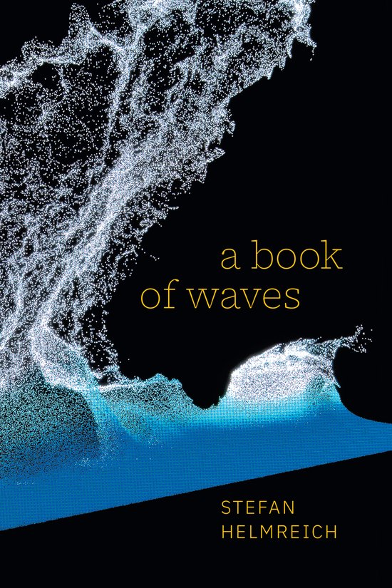 Livre "a book of waves" avec un motif ondulé et scintillant en bleu et blanc sur fond noir.