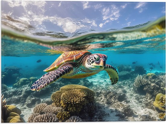Vlag - Bruine schildpad zwemt door de zee met koraal - 40x30 cm Foto op Polyester Vlag