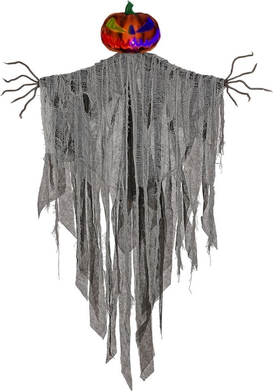 Widmann - Monster & Griezel Kostuum - Pompoen Vogelverschrikker Met Knipperende Ogen 152 Centimeter - Grijs - Halloween - Verkleedkleding