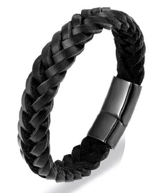 Sorprese armband - Excellence - armband heren - zwart - grof gevlochten leer - 19 cm - RVS - cadeau - Model O