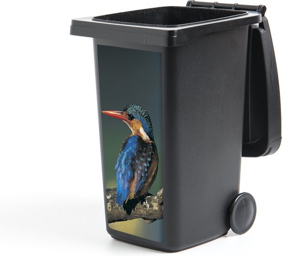 Zwarte minikliko met sticker van een kleurrijke ijsvogel op een tak, op witte achtergrond.