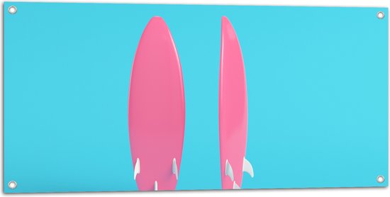 Tuinposter – Twee Roze Surfboads tegen Felblauwe Achtergrond - 100x50 cm Foto op Tuinposter (wanddecoratie voor buiten en binnen)