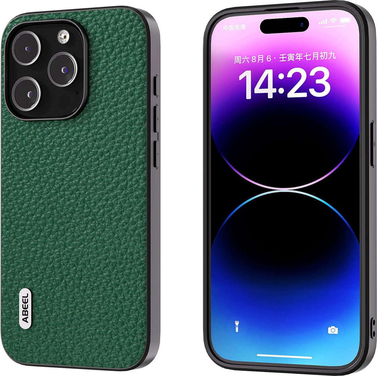 ABEEL lederen telefoonhoesje voor iPhone 14 Pro Max in het groen met relief