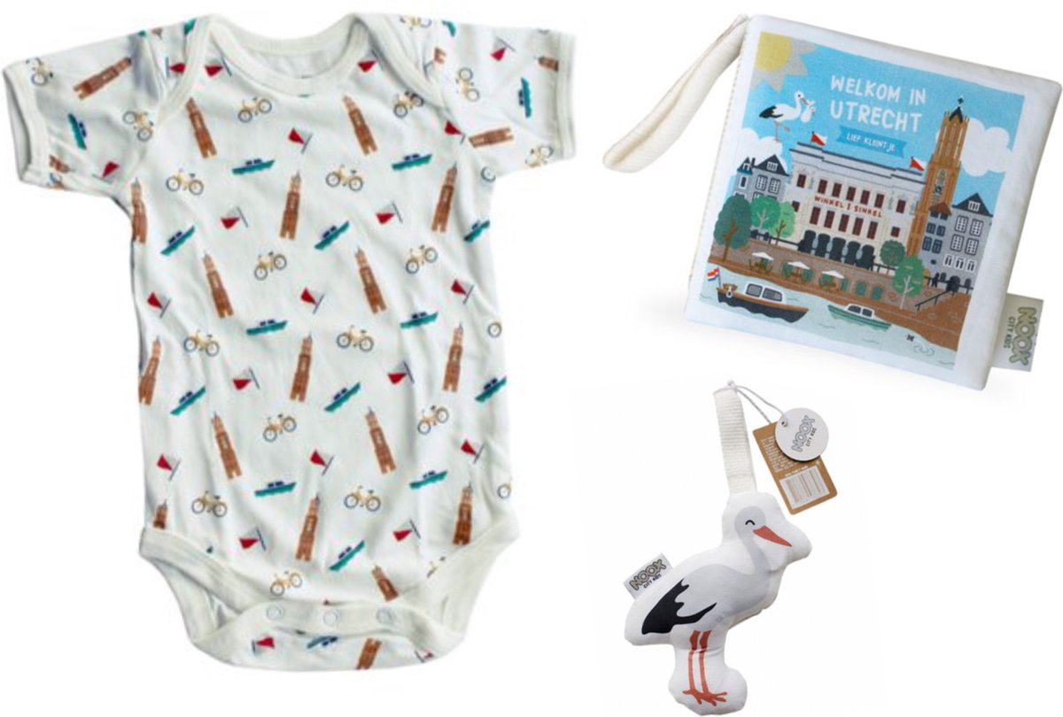 Goedkoopste Combideal Utrecht met zacht babyboekje & rompertje all-over print 3-6 mnd & soft toy ooievaar - 100 katoen - fairly made - duurzaam en origineel kraamcadeau