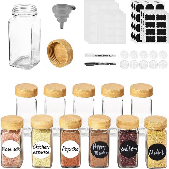 EZOWare 24 Fles Vierkant Glas Kruidenpotjes Set, 120 Ml Lege Helder Kruiden Organizer Kit Met Luchtdichte Aluminium Dop Trechter Reinigingsborstel En Lege Krijtbord Etiketten