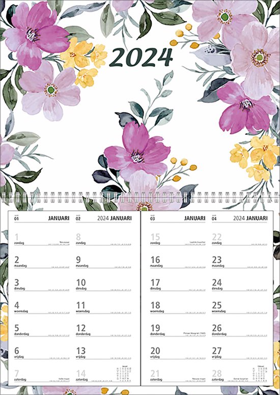 MGPcards - Omleg Maandkalender 2024 - Week begint op Zondag - Bloemen - Pastel Lila