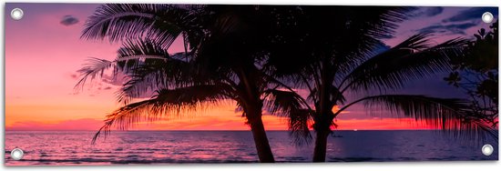 Tuinposter – Twee Palmbomen op het Strand langs de Zee bij Zonsondergang - 90x30 cm Foto op Tuinposter (wanddecoratie voor buiten en binnen)