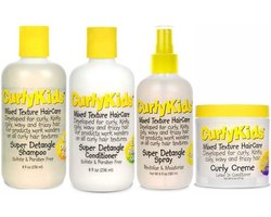 CurlyKids Mixed Hair HairCare Set Super Detangling Shampoo 8.0 Ounce, Conditioner 8.0 Ounce, Spray 6.0 Ounce, Curly Crème Conditioner 6.0 Ounce - 4-Pack