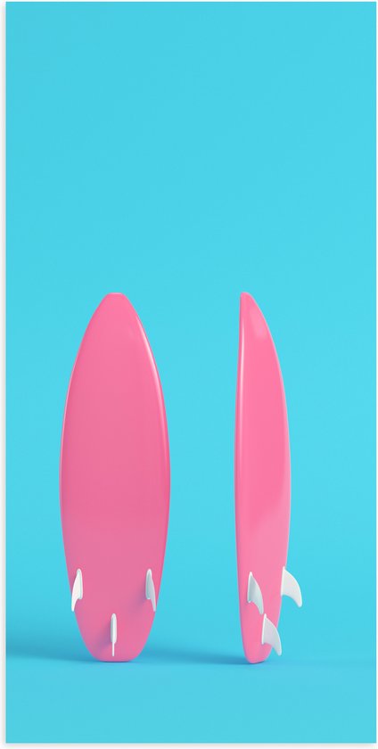 Poster Glanzend – Twee Roze Surfboads tegen Felblauwe Achtergrond - 50x100 cm Foto op Posterpapier met Glanzende Afwerking