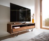 Meuble TV Stonegrace plaqué pierre marron acacia 145 cm 2 tiroirs 1 étagère Pied en V Meuble TV noir