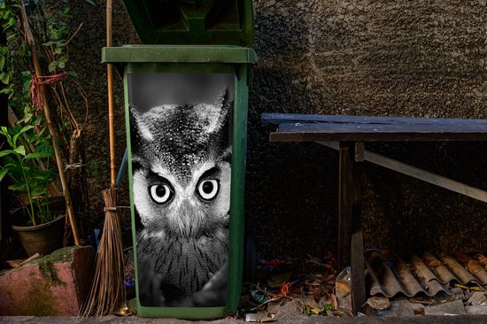 Autocollant conteneur Vogel - Chouette - Portrait - Zwart - Wit - 38x80 cm - Autocollant Kliko