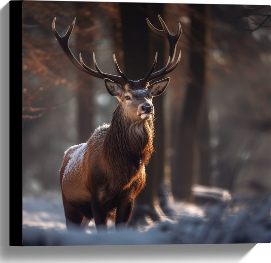 Canvas - Besneeuwt hert in een bos in de winter - 40x40 cm Foto op Canvas Schilderij (Wanddecoratie op Canvas)