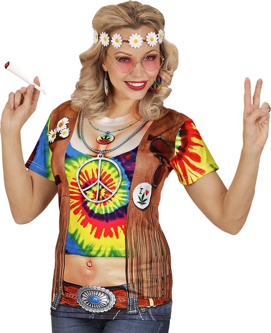Widmann - Hippie Kostuum - T-Shirt Hippie Helen High Vrouw - Multicolor - Large / XL - Carnavalskleding - Verkleedkleding