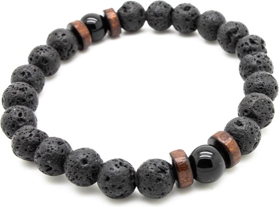 Sorprese armband - Special - armband heren - lavasteen zwart/bruin - bedel - 20 cm - cadeau - Model R