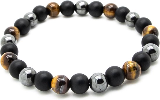 Sorprese armband - Prime - armband heren - Zwart Mat en Tijgeroog Natuurstenen - 23 cm - unisex - cadeau - Model R