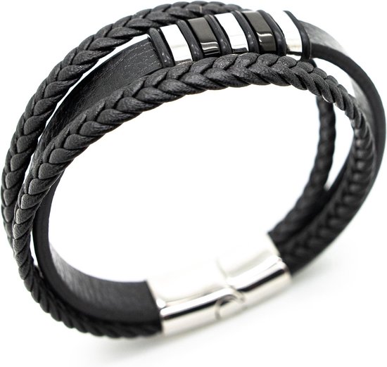 Sorprese armband - Retro 2 - armband heren - leer - zwart - 21 cm - zilveren sluiting - cadeau - Model Q