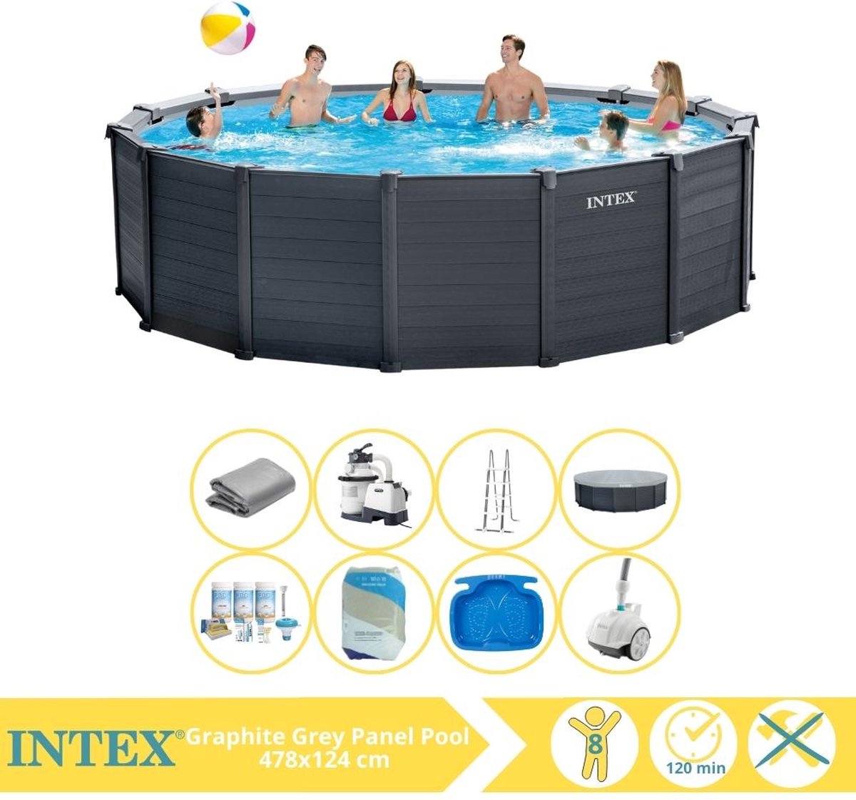 Intex Graphite Gray Panel Zwembad - Opzetzwembad - 478x124 cm - Inclusief Onderhoudspakket, Filterzand, Zwembad Stofzuiger en Voetenbad