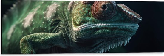 Dibond - Groene Kameleon Zittend op Tak - 90x30 cm Foto op Aluminium (Met Ophangsysteem)