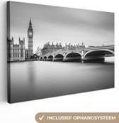 Canvas Schilderij Londen - Big Ben - Water - Skyline - Zwart wit - 90x60 cm - Wanddecoratie