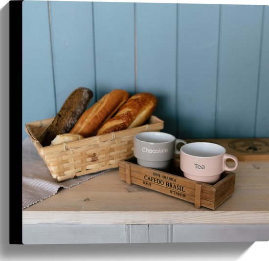 Canvas - Mand met Broodjes en Koffie op Kast - 40x40 cm Foto op Canvas Schilderij (Wanddecoratie op Canvas)
