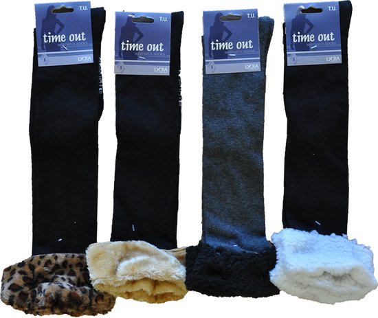 Dames kniekous - met zachte nep bont boord - 6 paar - one size - losse elastiek - 95% katoen - chaussettes socks