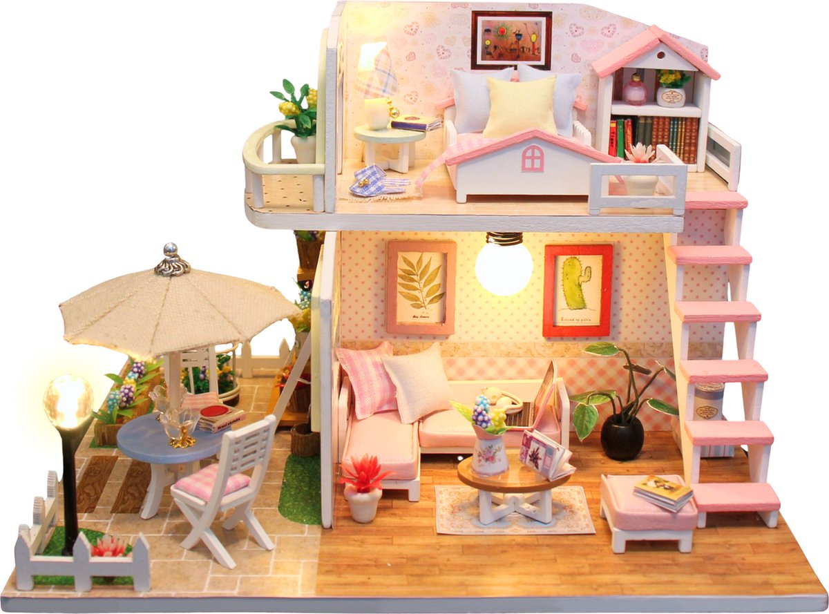 Crafts&Co Bouwpakketten Volwassenen & Kinderen - Houten Poppenhuis - Miniatuur Bouwpakket Roze Kamer - Crafts&Co