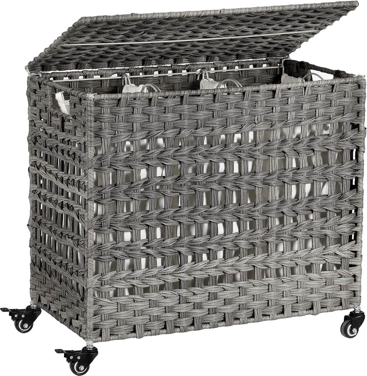 XINZI Wasmand met deksel, opvouwbare wasverzamelaar, 3 vakken, wassorteerder met afneembare waszak, handgrepen, wasbox, laundry manden voor bijkeuken, slaapkamer, 140 liter, grijs