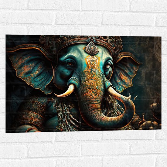 Muursticker - Blauw Ganesha Beeld met Gouden Details - 75x50 cm Foto op Muursticker