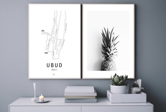 Ubud Kaart Poster - Wallified - Tekst - Zwart Wit - Poster - Wall-Art - Woondecoratie - Kunst - Posters - Wallified