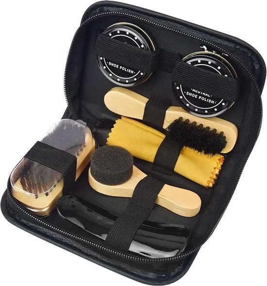 Premium schoenpoets set 8-delig met 2x schoensmeer in handige reis etui ZWART - Sneaker Cleaner - Schoenen Schoonmaak - Schoenverzorging - Schoenpoetsset - Schoenborstel - Schoensmeer - Schoenlepel