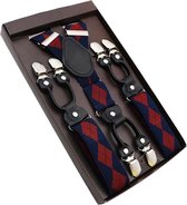 Luxe chique - heren bretels - blauw geruit met rood design - zwart leer - 6 extra stevige clips