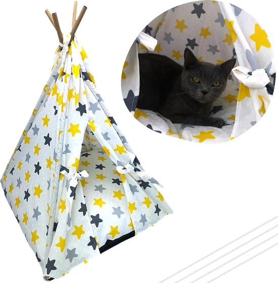 Pochon Pet - Tipi Tent met Sterretjes - Zwart/Goud/Zilver - 65 x 50 x 50 cm - Dierentent - Tent voor Huisdieren