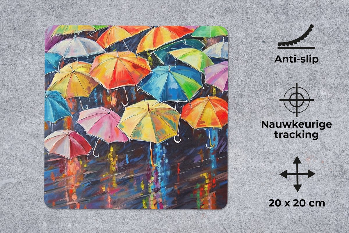 Muismat 20x20 cm - Mousepad Paraplu's - Schilderij - Kunst - Regenboog - Muismatten