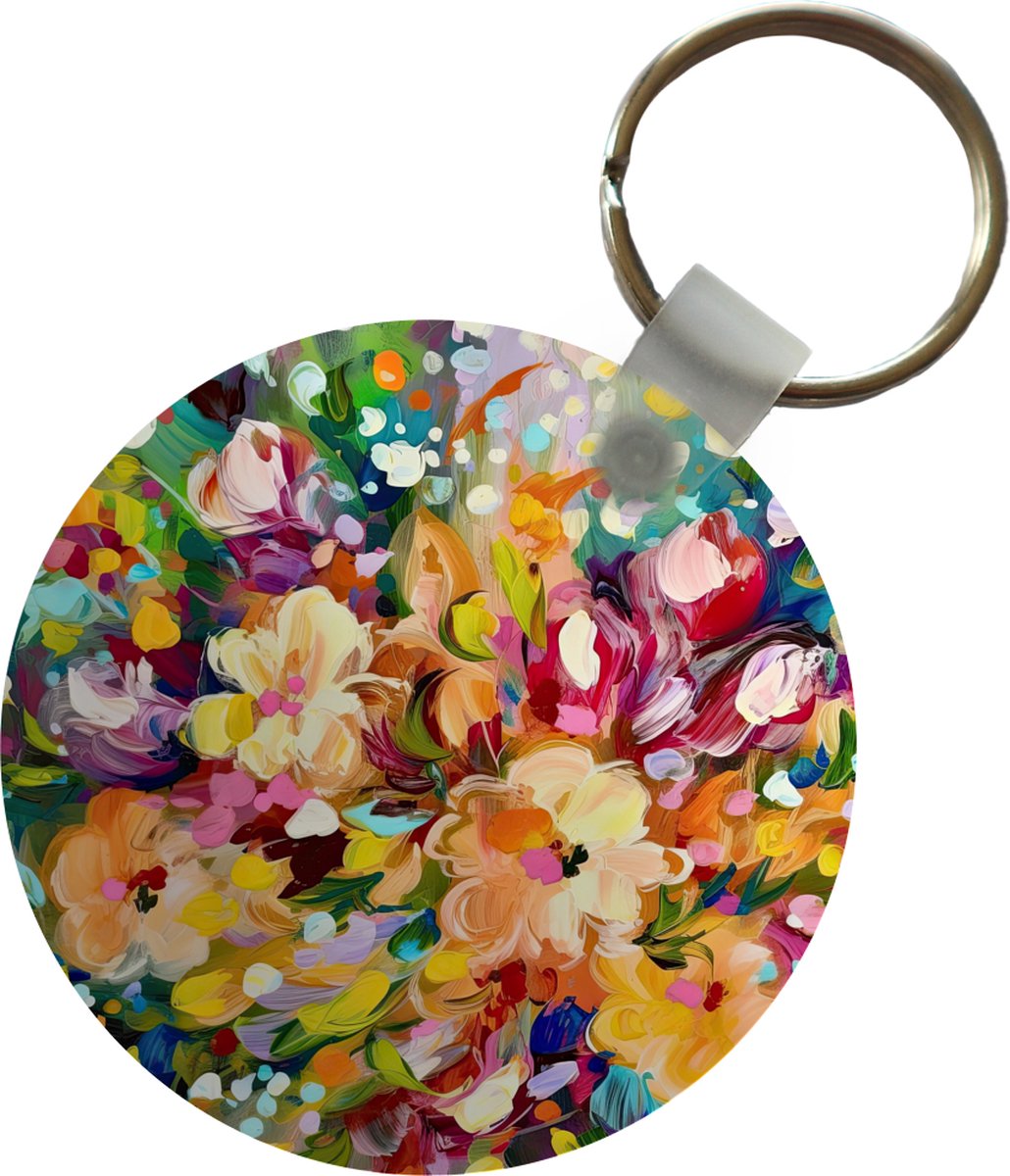 Sleutelhanger - Schilderij - Olieverf - Bloemen - Regenboog - Plastic - Rond - Uitdeelcadeautjes