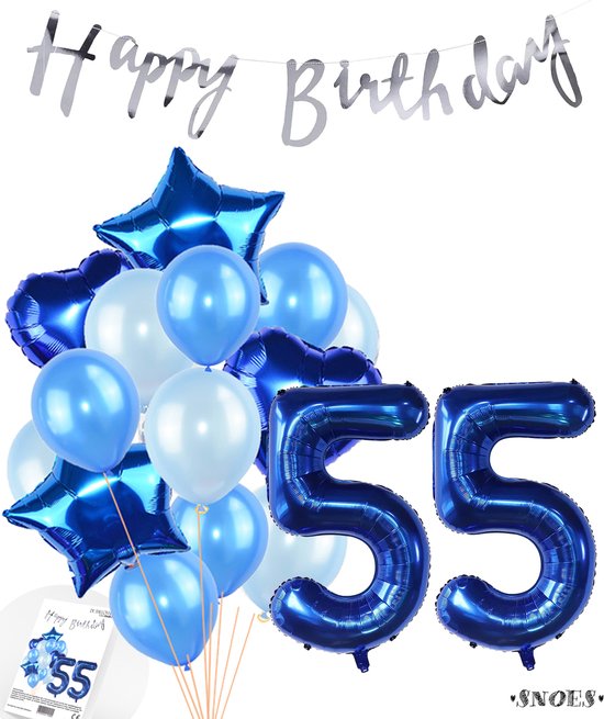 Snoes Ballonnen 55 Jaar Feestpakket – Versiering – Verjaardag Set Mason Blauw Cijferballon 55 Jaar - Heliumballon