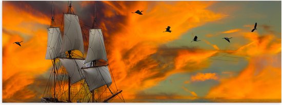 Poster (Mat) - Schilderij van Vogels boven Zeilschip met Dolfijnen en Kleurrijke Lucht - 60x20 cm Foto op Posterpapier met een Matte look