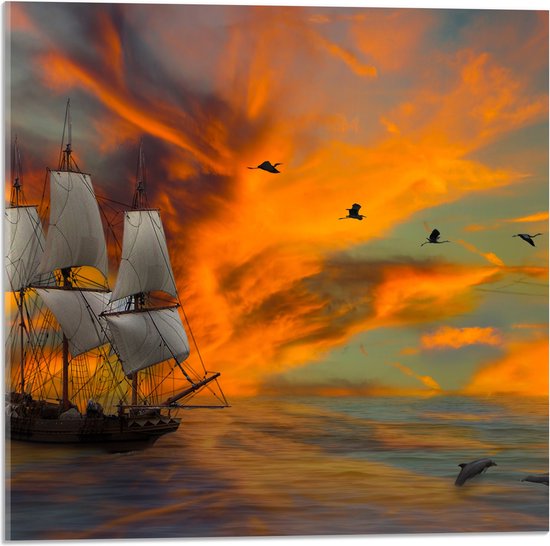 Acrylglas - Schilderij van Vogels boven Zeilschip met Dolfijnen en Kleurrijke Lucht - 50x50 cm Foto op Acrylglas (Wanddecoratie op Acrylaat)