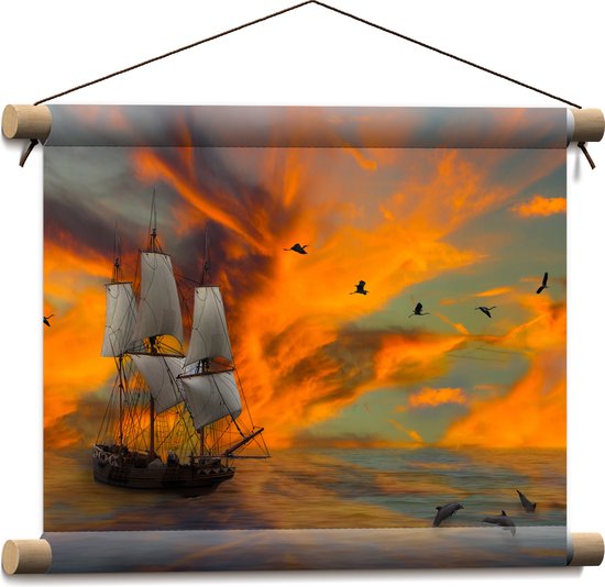 Textielposter - Schilderij van Vogels boven Zeilschip met Dolfijnen en Kleurrijke Lucht - 40x30 cm Foto op Textiel