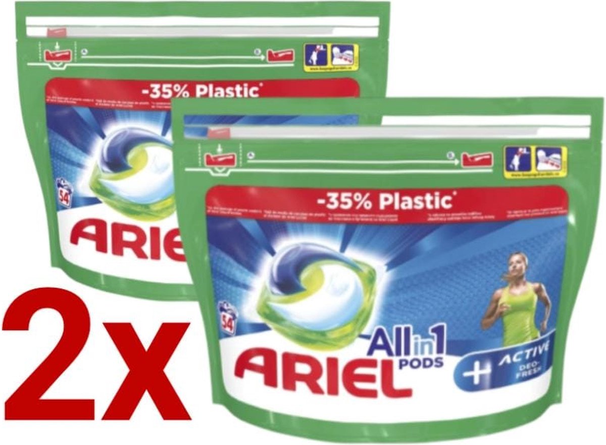 Ariel Allin1 Pods Active Deo-Fresh Capsules voor het wassen van Wit Gekleurde en Sportkleding 108 wasbeurten ( 2x54 wasbeurten ) wasbeurten 2710 ML