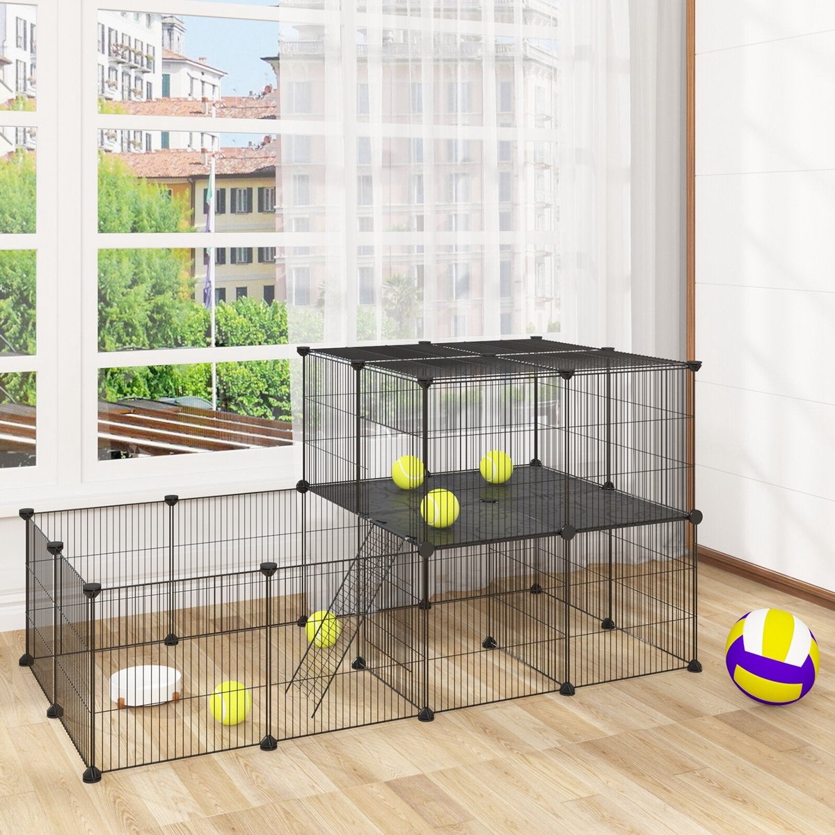 Kamyra® Dierenren met Extra Verdieping - Voor Puppies, Kittens & Konijnen - Ren, dierenren, Dierenverblijf - Kunststof & Metaal - Zwart thumbnail 3